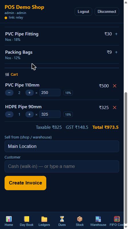 The iAccounting Android POS cart: two lines — PVC Pipe 110mm at quantity 2 and HDPE Pipe 90mm at quantity 1, each with minus and plus buttons, an editable rate box and an 18% GST tag — above a totals strip reading Taxable ₹825, GST ₹148.5, Total ₹973.5, then the Sell from warehouse picker, the Customer box and the Create Invoice button.
