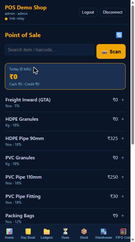 The iAccounting Android POS screen: a search bar reading Search item / barcode with a Scan button beside it, a Today card showing the bill count and collection, and the item list with each product's unit, GST rate and price with a plus button.